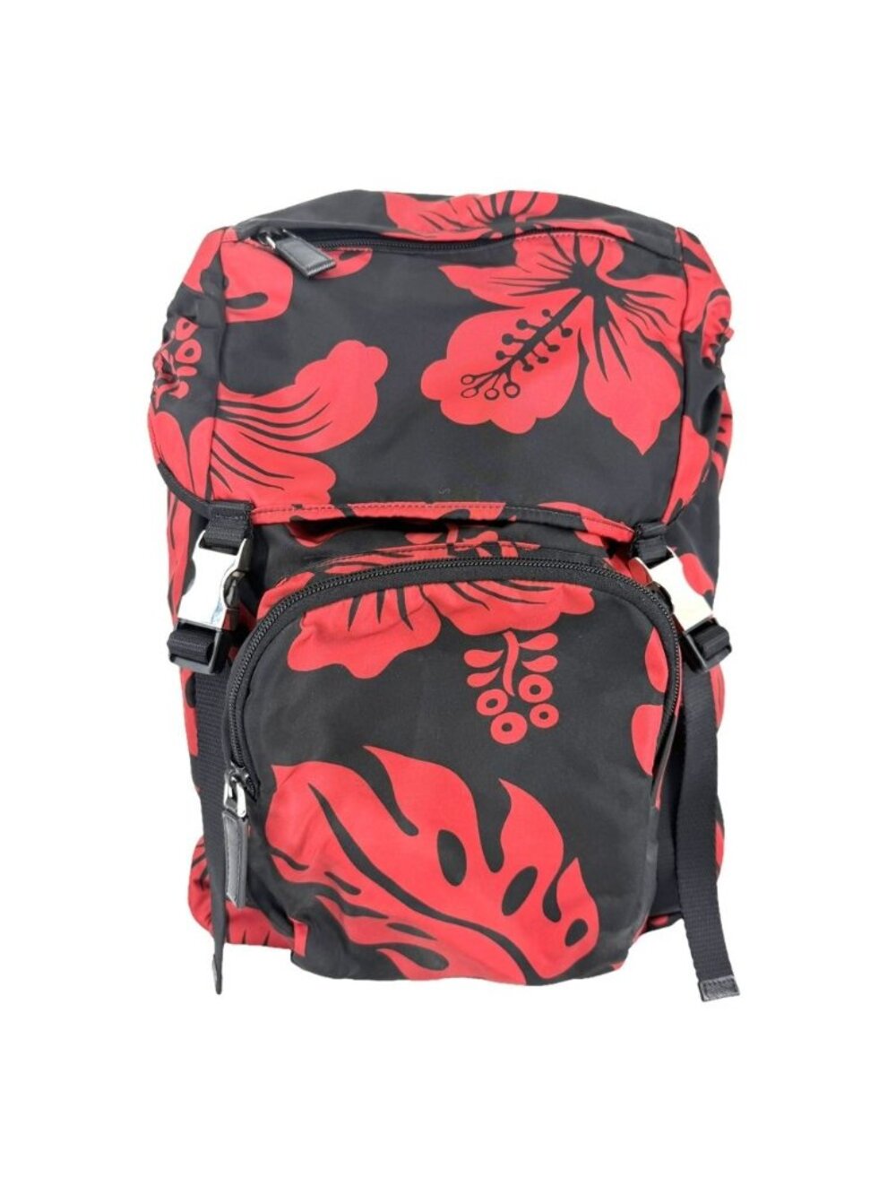 Prada Backpack Triangle Logo Hibiscus Shoulder Nylon Leather Black Red Silver